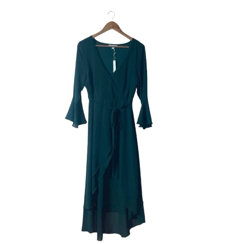 NEW She + Sky Silk Maxi Dress Bell Sleeves Wrap Style Green Boho Core Size Large